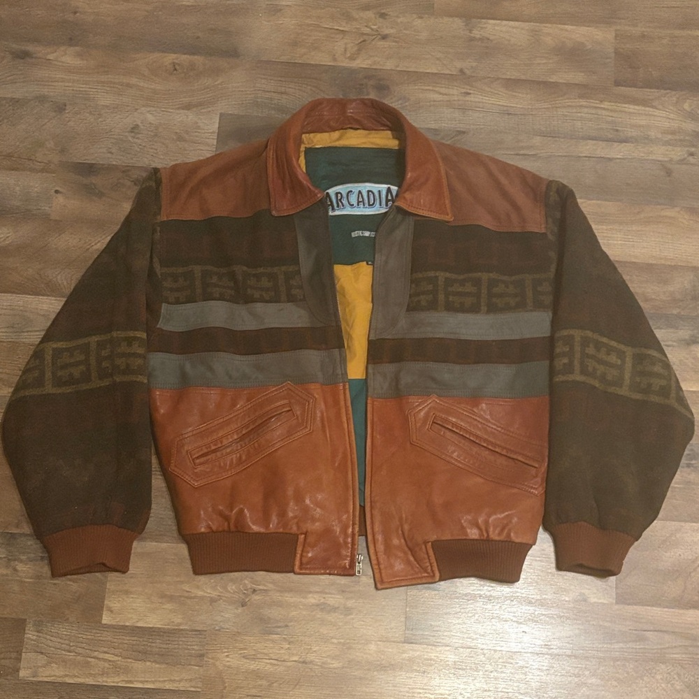 Vintage Aztec Inspired Leather Jacket  Arcadia Men's Multicolor Bomber Jacket